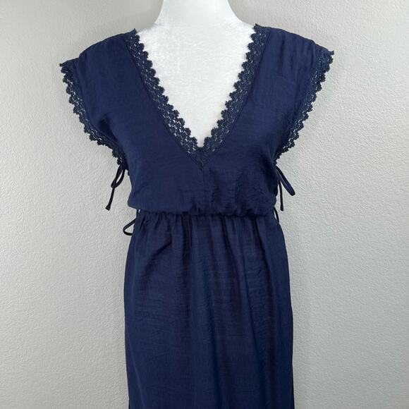 Lush Navy Blue Lace Trim Gauze V-Neck High-Low Sleeveless Midi Dress Large - Picture 5 of 14
